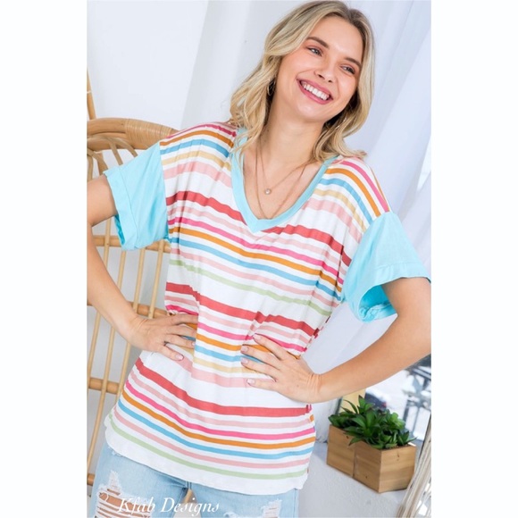❤️LAST! V Neck Super Soft Jersey Knit Multi Stripe Ruffle Sleeve Top! - Picture 5 of 11